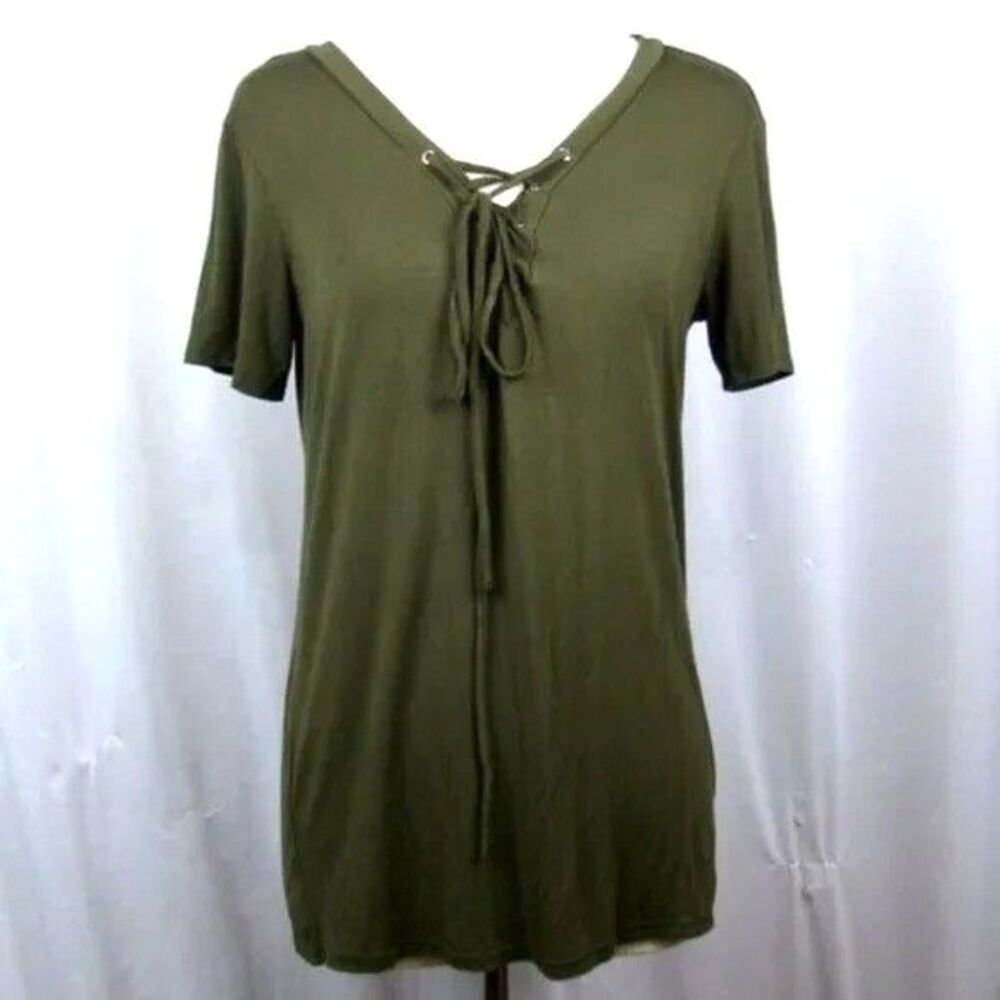 DREAGAL Women's Large L Olive Green Lace Up V-Neck Short Sleeve Tunic Top Shirt